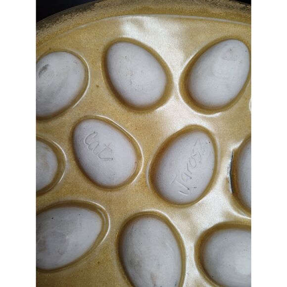 Handmade Devil Egg Platter Kat Jarose Rustic Stoneware Serving Tray Detail Faces - Picture 2 of 5